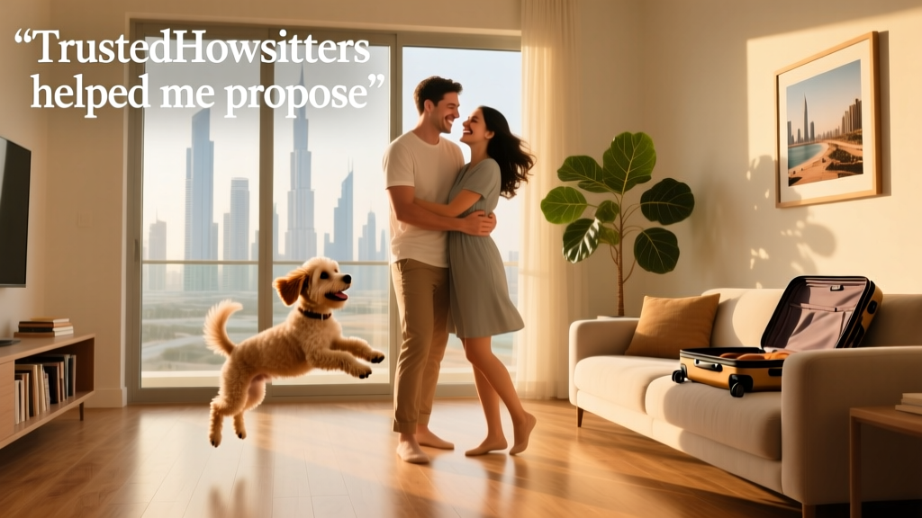 Sam and Olivia smiling with their Cavapoo puppy, Tilly, in their Dubai apartment