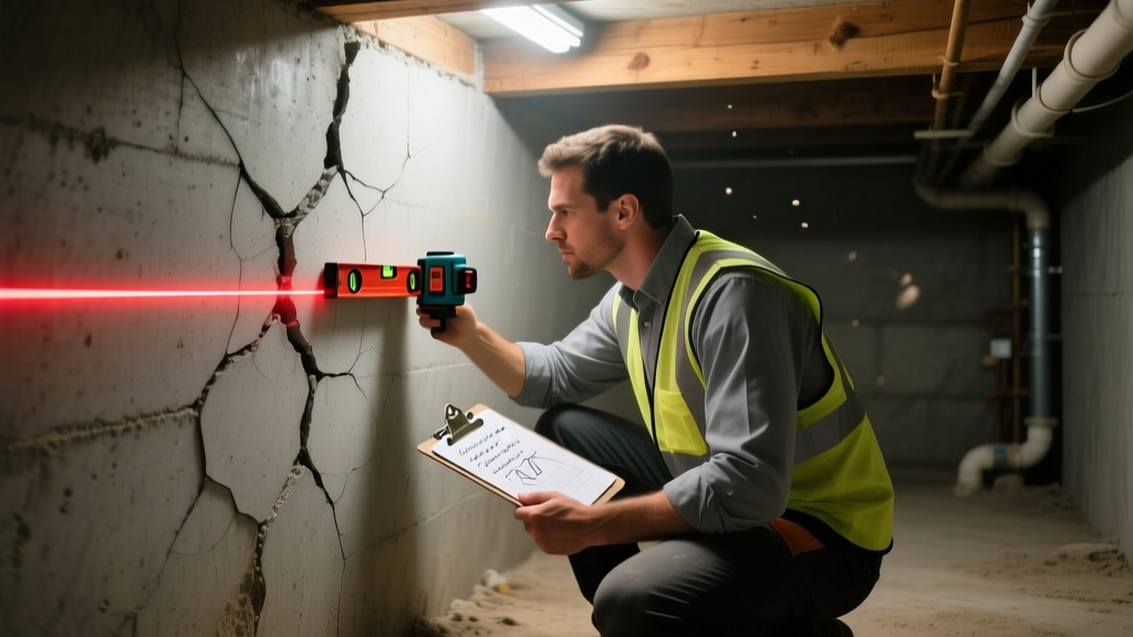 Structural engineer inspecting a cracked concrete block basement wall with a laser level and clipboard in a dimly lit residential crawlspace