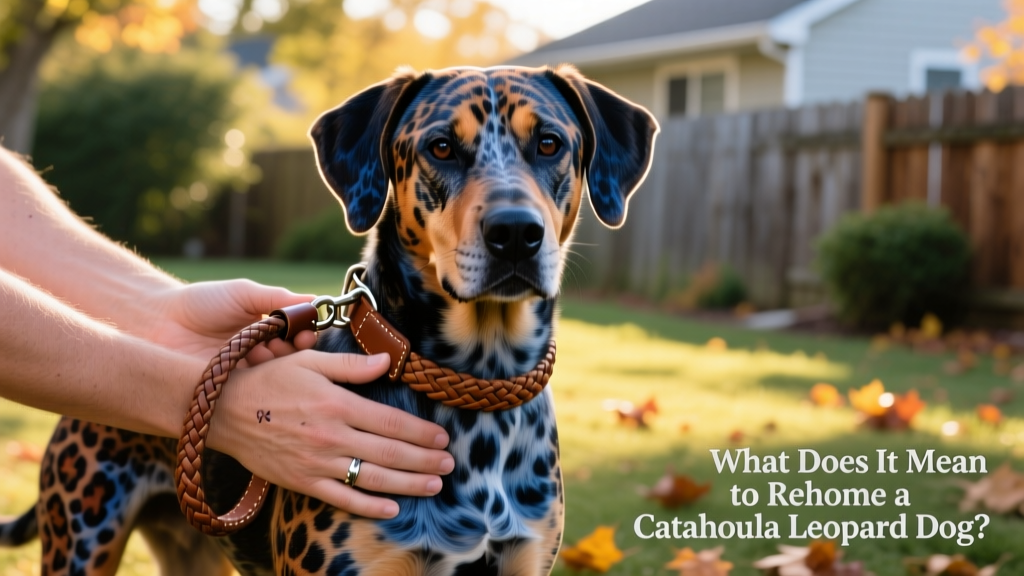 Two hands gently holding a leash attached to a relaxed Catahoula Leopard Dog, symbolizing trust and transition
