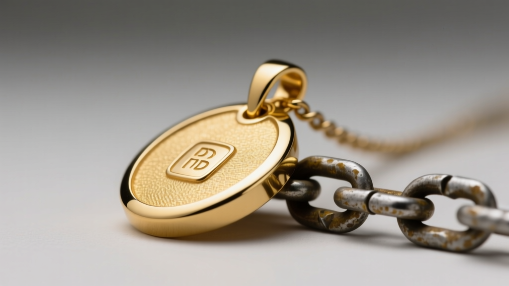 Macro view of a gold PVD steel pendant beside a faded chain, showing the rich, unchipped edge of the durable PVD surface coating.