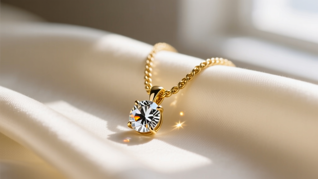 Close-up of a 14k gold cable chain holding a brilliant-cut moissanite pendant resting on soft cream silk in natural window light