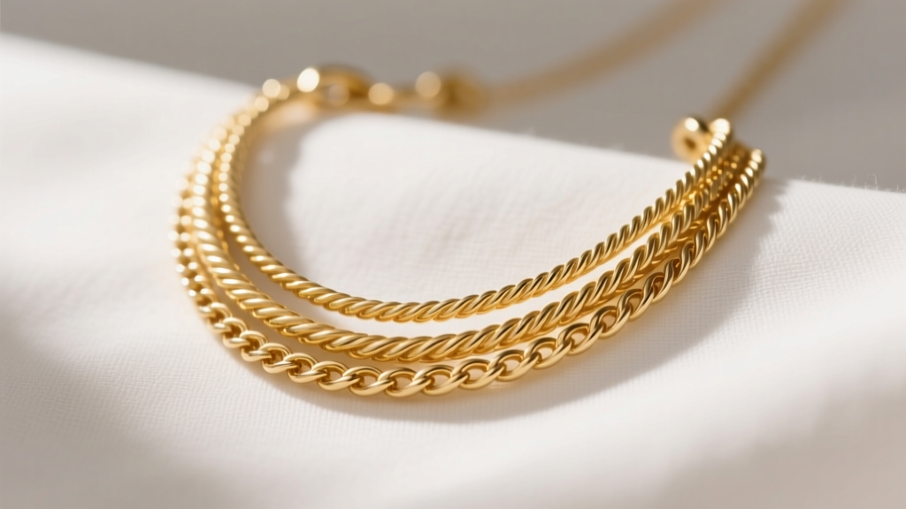 Layered initial necklace in 14k gold on white linen, showing delicate cable and rolo chain textures in warm, soft natural light.