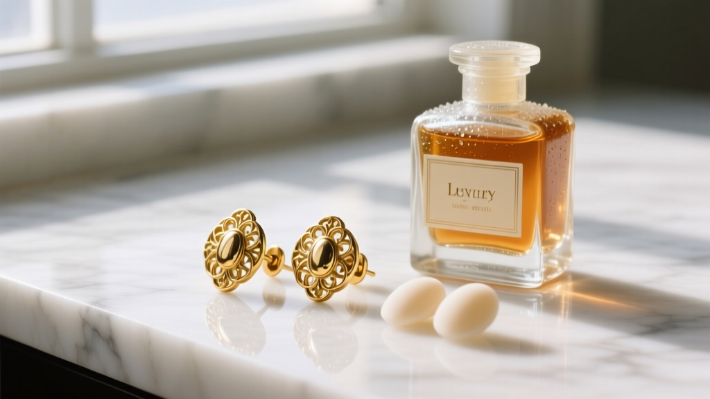Restored 1970s gold clip-on earrings with fresh silicone pads next to a glass bottle of jewelry polish on a white marble surface