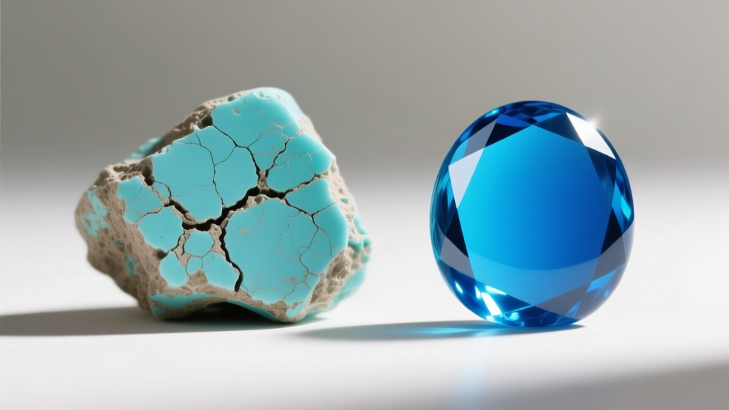 Macro comparison of raw porous turquoise chalk next to a highly polished, epoxy-stabilized bright blue turquoise cabochon stone.