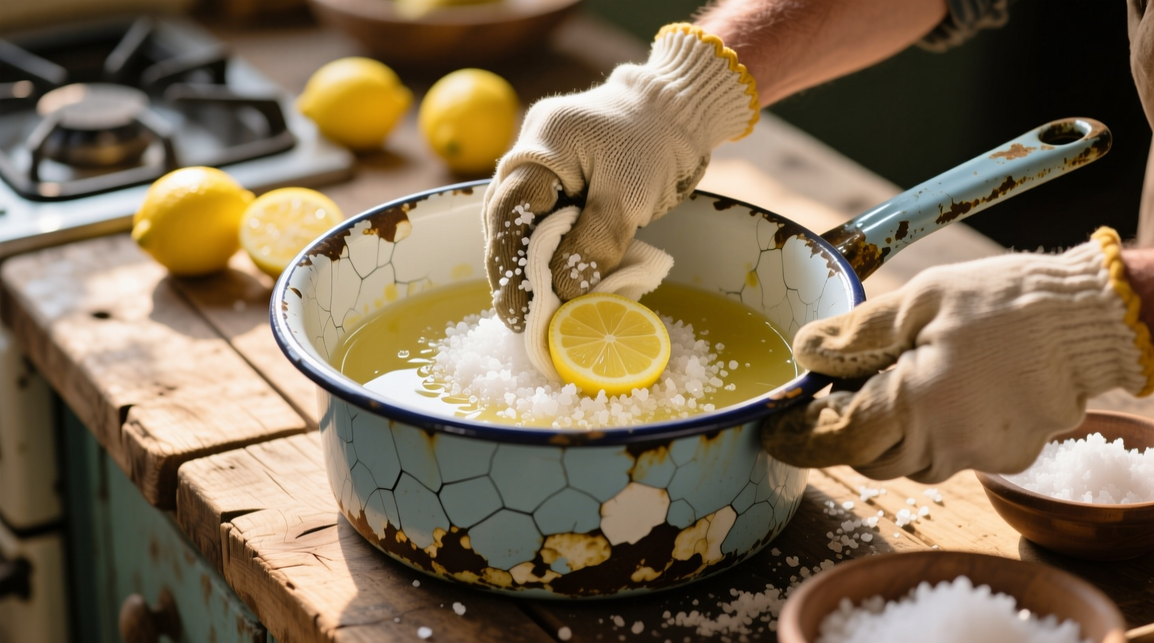 eco friendly cleaning tips salt lemon for vintage enamel