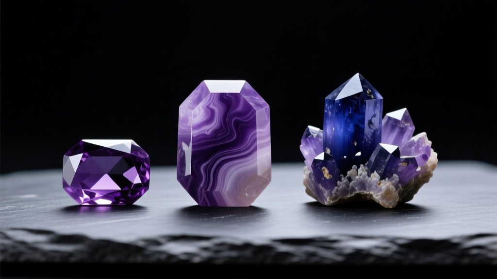 View of dyed purple howlite and natural sugilite gem cabochons resting on dark slate under bright, focused studio lighting.
