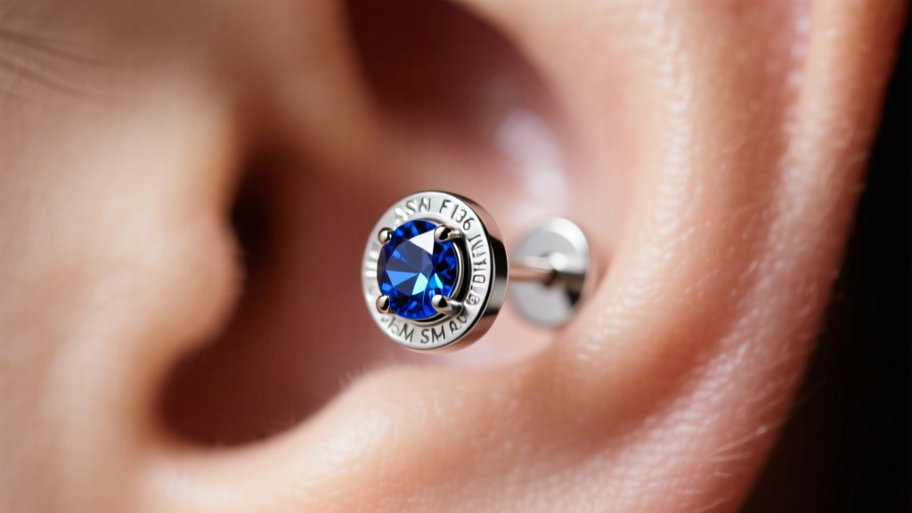 Close-up of an ASTM F136 implant-grade titanium threadless earring post with a small bezel-set sapphire against a blurred earlobe