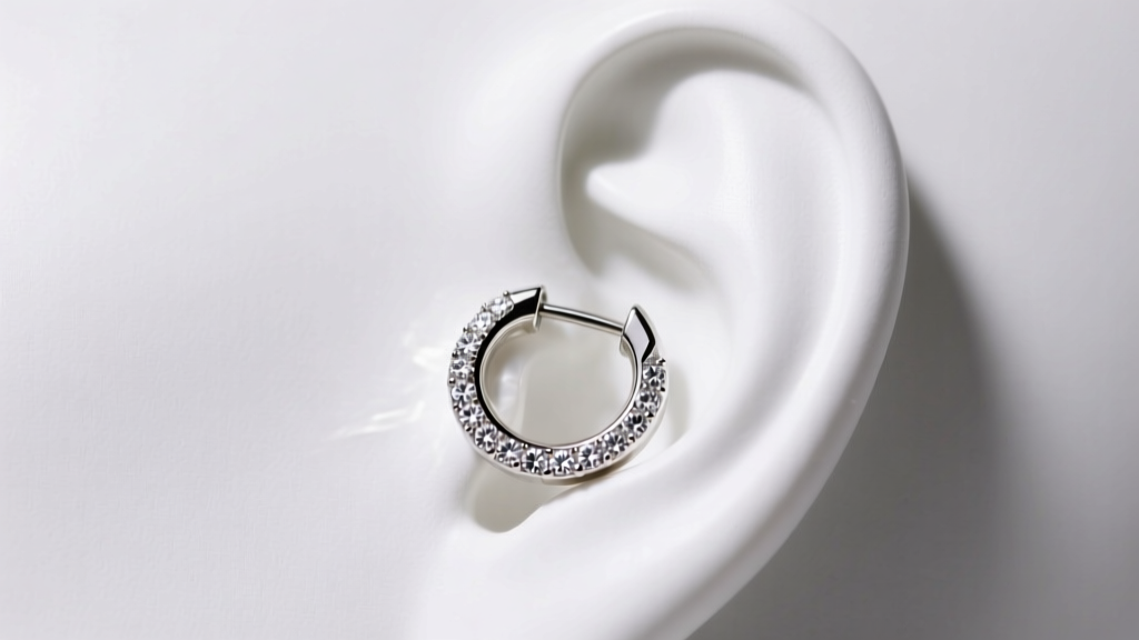 Macro shot of an 8mm diamond huggie hoop earring on a mannequin ear, showing the intricate pave setting and clicker hinge.