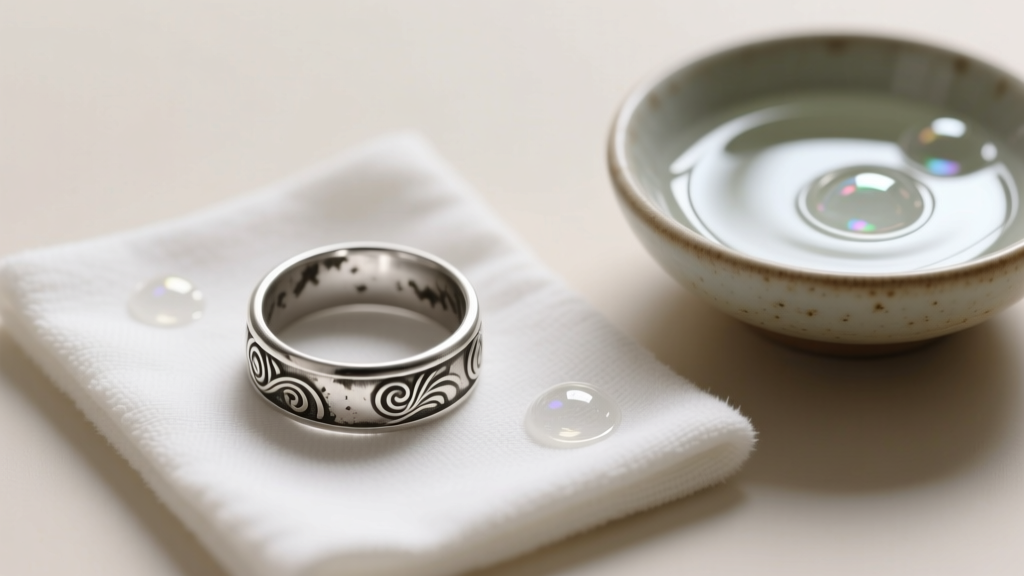Tarnished sterling silver ring resting on a microfiber cloth next to a small bowl of mild soapy water under soft studio lighting