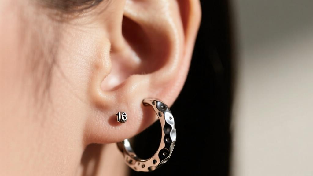 Close-up of an ear wearing a textured 16-gauge oxidized sterling silver open hoop earring, highlighting the hammered metal surface