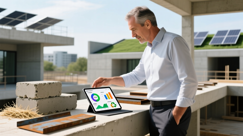 Architect examining hempcrete blocks and recycled steel samples over a digital tablet displaying life cycle assessment data on a modern site