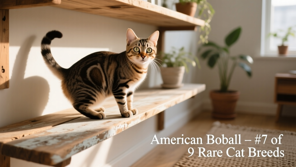 An American Bobtail cat with a short, bobbed tail and expressive eyes, perched playfully on a wooden shelf