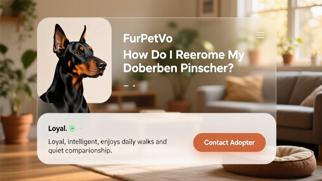 Screenshot-style image showing a FurPetVo pet profile page for a Doberman Pinscher, with photos, bio section, and 'Contact Adopter' button