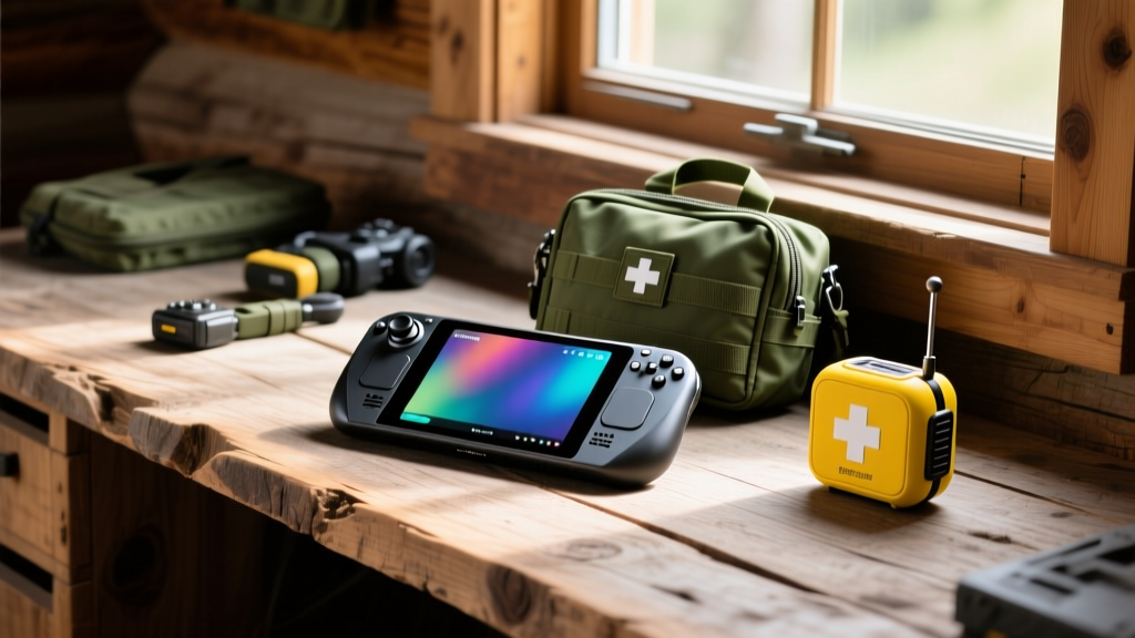 Rugged cabin desk with a Steam Deck OLED next to an ultralight tactical first aid kit and a compact yellow satellite messenger.