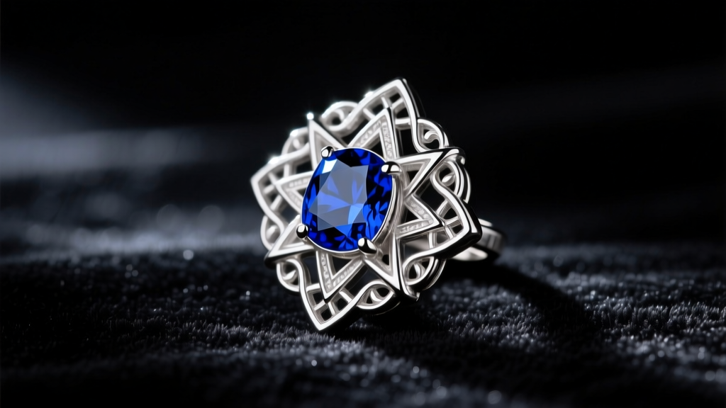 Sterling silver sigil earring of veracity with a deep blue sapphire center, resting on dark velvet under dramatic studio lighting.