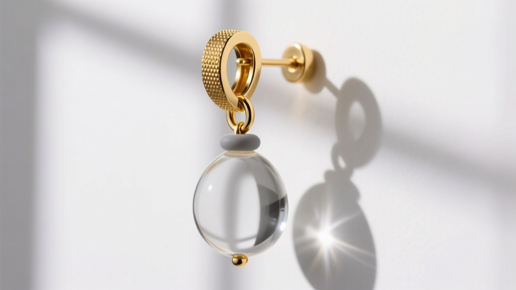 Macro shot of a 20-gauge 14k gold French wire clasp on a 15mm droplet earring, showing the secure silicone stopper in place.