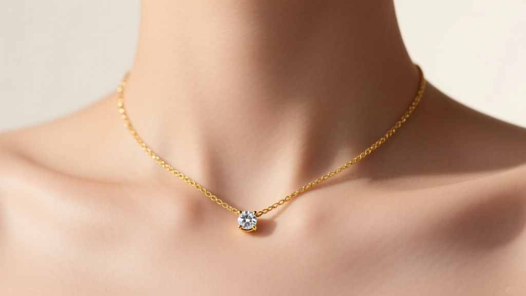 Close-up of a 14k gold womens choker necklace with a tiny diamond pendant resting on a collarbone under soft, warm studio lighting.