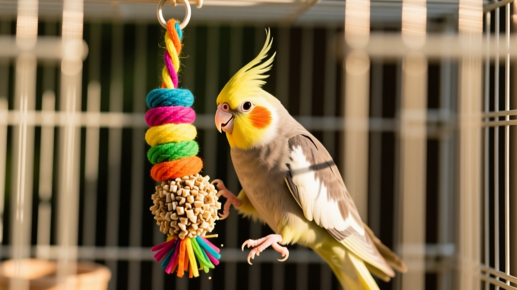 Cockatiel interacting playfully with a colorful foraging toy hanging in its cage