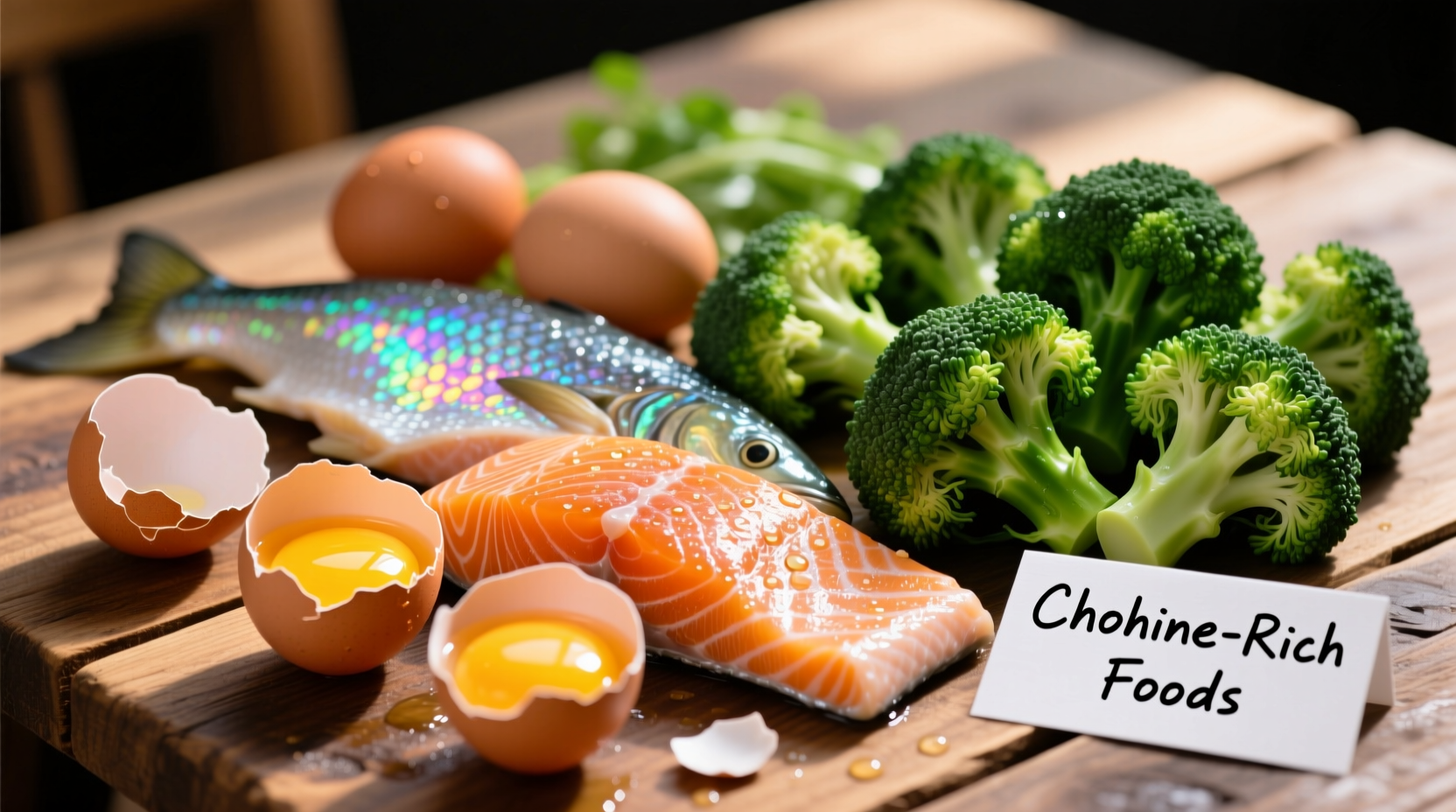 Colorful assortment of choline-rich foods including eggs, salmon, and broccoli