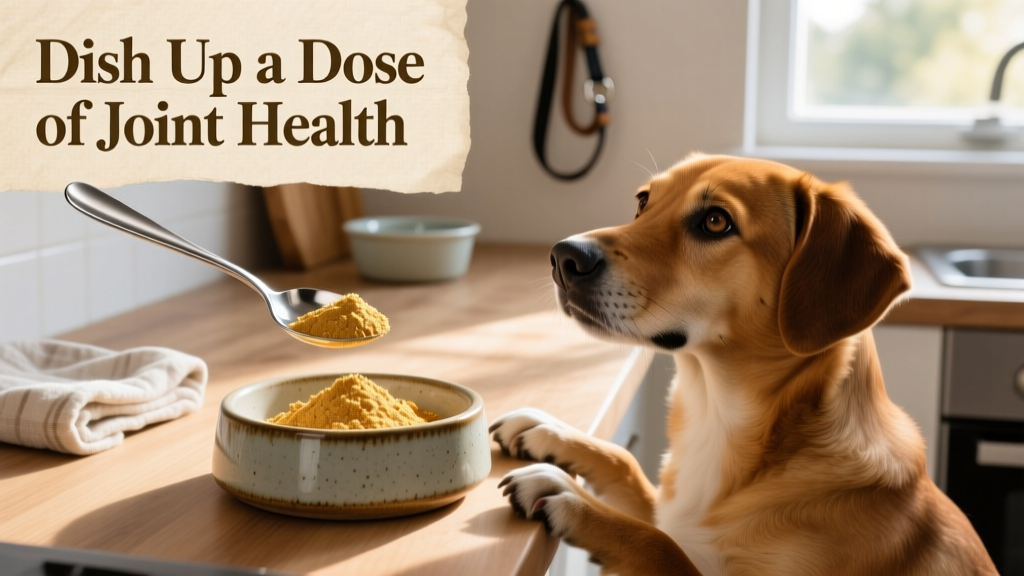 Spoon scooping FurPetVo hip and joint powder into a dog's food bowl