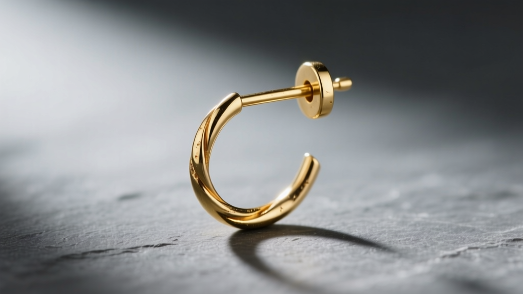Close-up of a bent 14k gold earring post on slate, lit by soft light to highlight the structural warp in the thin metal wire.