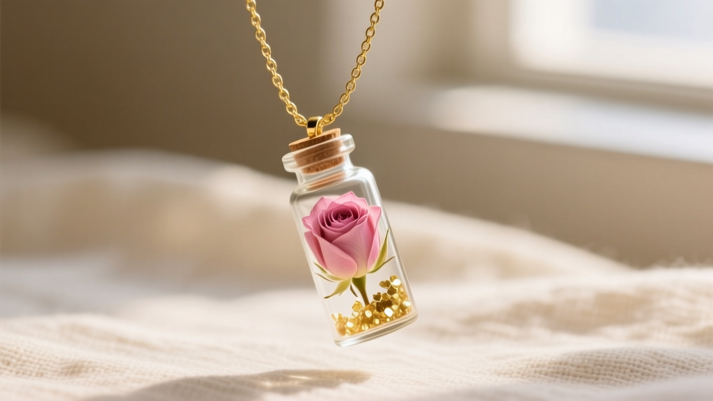 Glass vial necklace with dried pink rose petals and gold flakes, on a delicate gold chain against a soft blurred linen backdrop.
