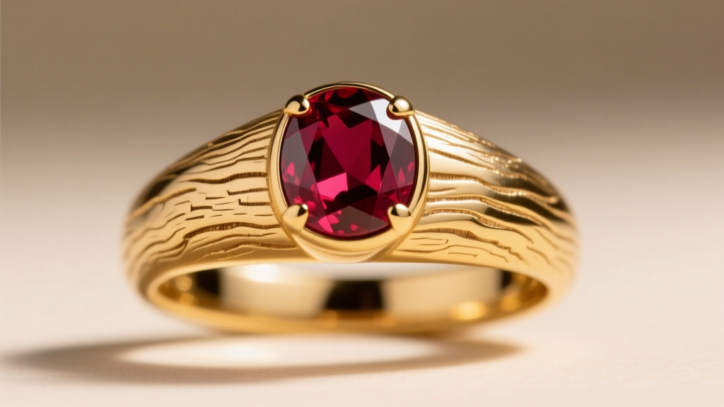 Macro shot of a 1950s mid-century 18k yellow gold cocktail ring with a textured bark finish and a central cabochon ruby gemstone