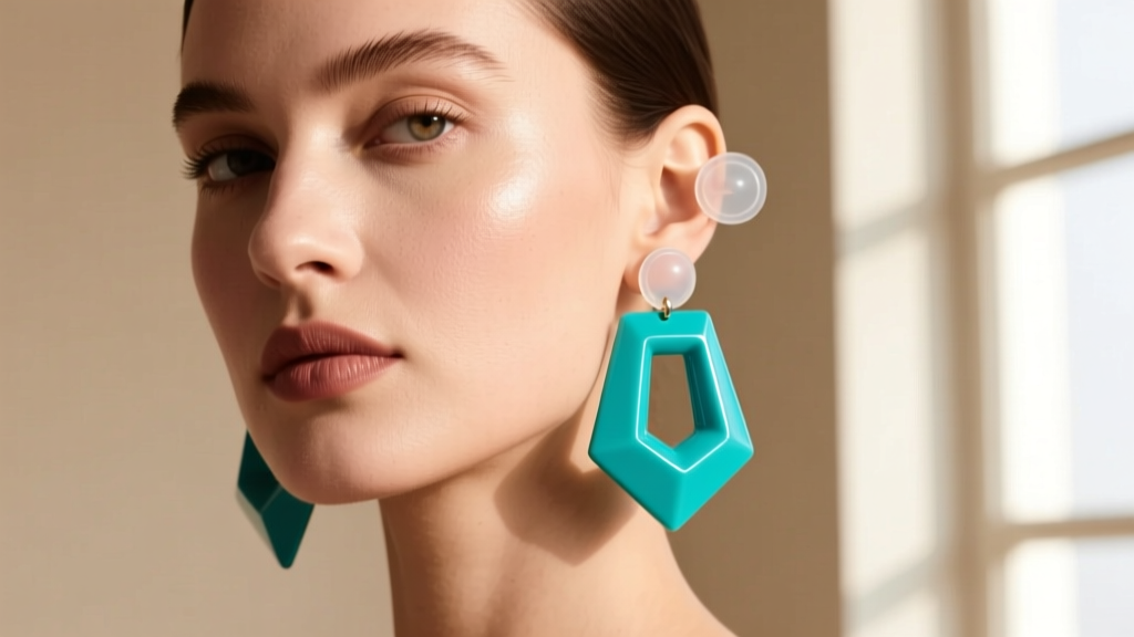 Profile of a woman wearing heavy turquoise slab earrings supported by a clear silicone lobe patch against a warm beige backdrop