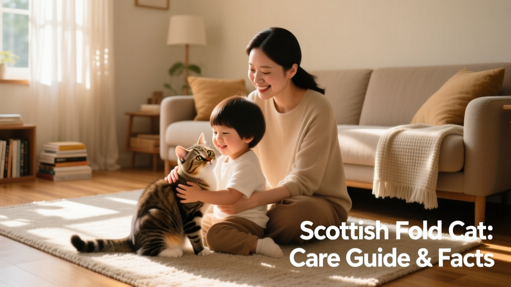 A joyful family moment: a child gently holding a Scottish Fold kitten while an adult smiles nearby, all seated on a sunlit living room rug
