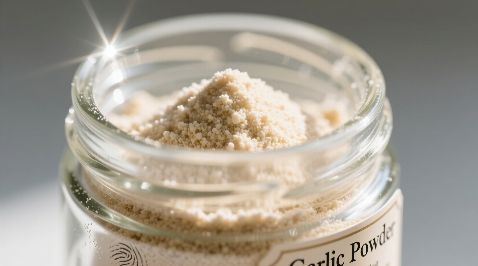 Close-up of garlic powder in a glass jar