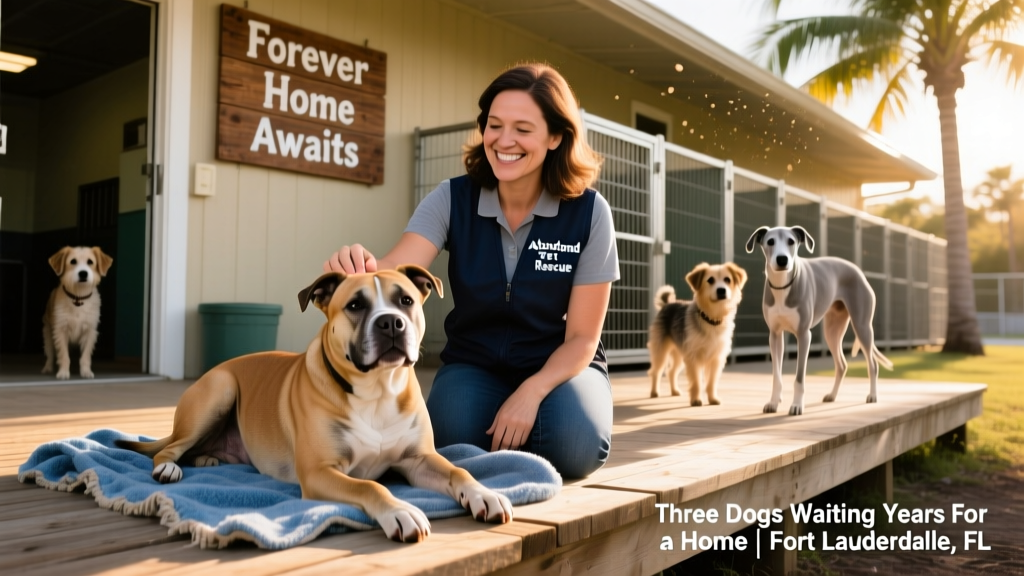 A gentle, smiling Pit Bull Terrier resting calmly beside a shelter volunteer at Abandoned Pet Rescue in Fort Lauderdale