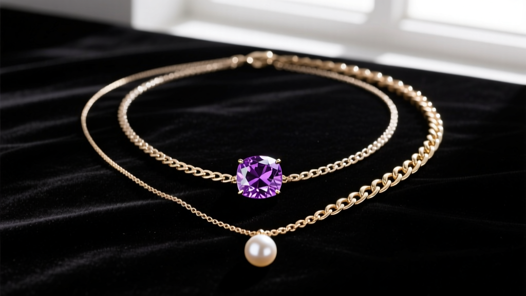 Flat lay of three layered necklaces with varying chain gauges, an amethyst solitaire, and a single pearl drop on dark velvet.