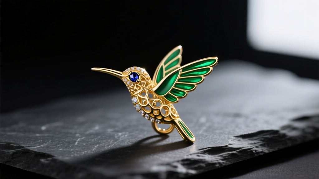 Macro shot of a 14k gold hummingbird pendant with vibrant green enamel wings and a sapphire eye, resting on dark slate