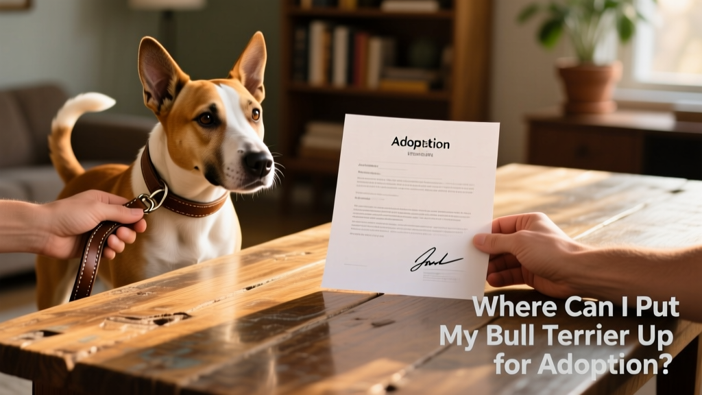 Two hands—one holding a leash with a relaxed bull terrier, the other holding a signed adoption agreement—on a wooden table