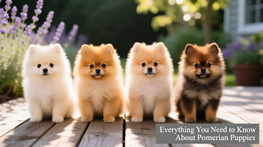 Four fluffy Pomeranian puppies lined up side by side, each with slightly different coat tones