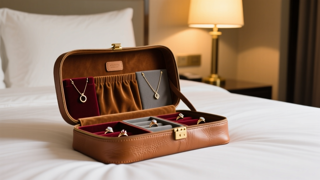 Open leather travel jewelry roll on hotel bed, showing velvet-lined ring and necklace compartments under warm ambient lighting.