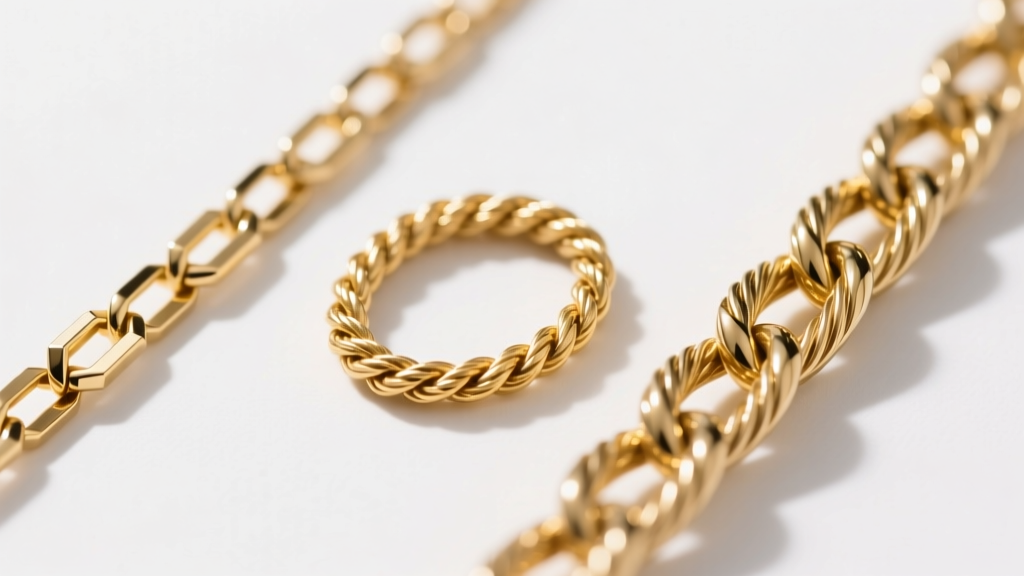 Macro shot comparing three gold chains: a 1.0mm box chain, a 0.9mm rope chain, and a 1.2mm cable chain on a white background.