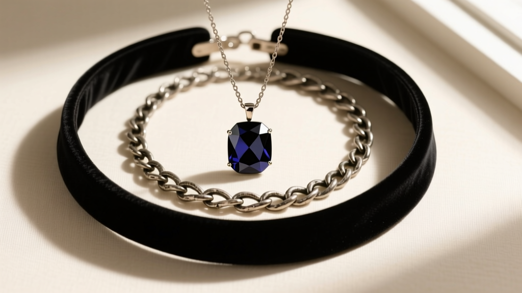 Overhead flat lay of layered necklaces featuring a black silk velvet choker, an oxidized silver chain, and a dark spinel pendant