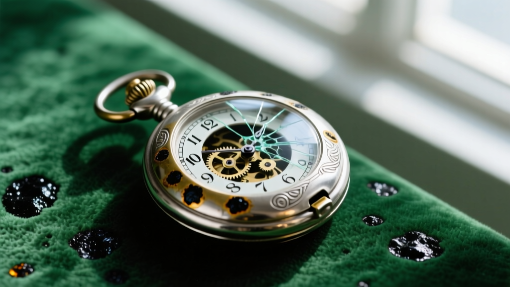 Tarnished sterling silver pocket watch on faded emerald green velvet, highlighting chemical reactions that cause dark sulfur spots.