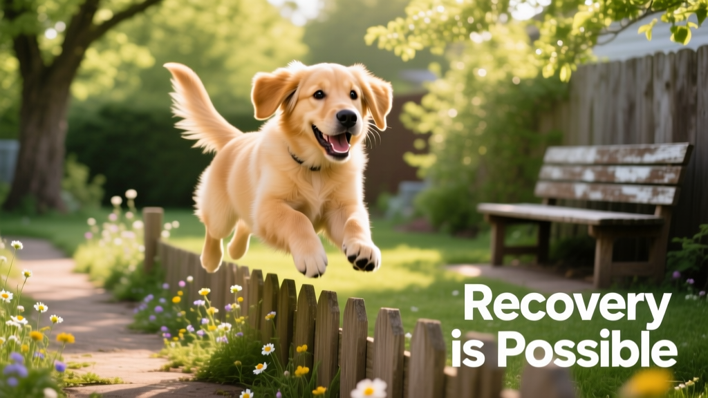 A happy, recovered dog playing gently in a sunlit yard, symbolizing full recovery from kennel cough