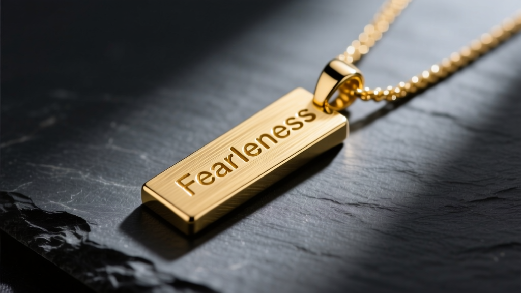 Close-up of a brushed 14k yellow gold fearlessness necklace bar pendant resting on a dark slate surface with dramatic side lighting.