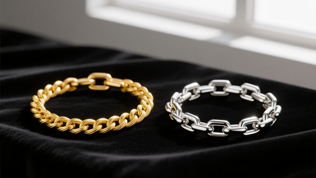 Macro close-up of a 14k yellow gold cable chain and a rhodium-plated sterling silver box chain side-by-side on dark velvet.