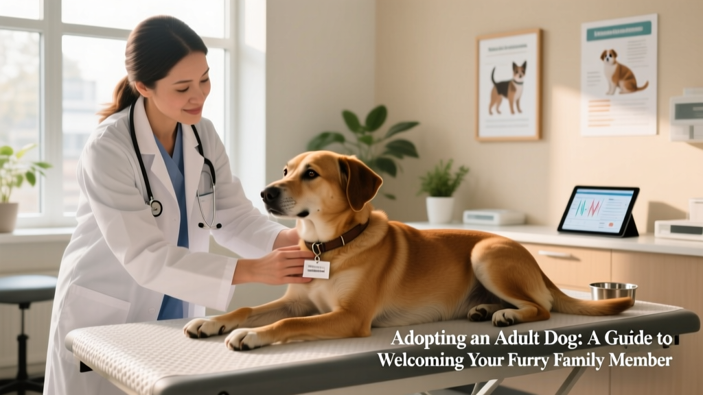 A veterinarian examining a relaxed adult dog during a wellness checkup
