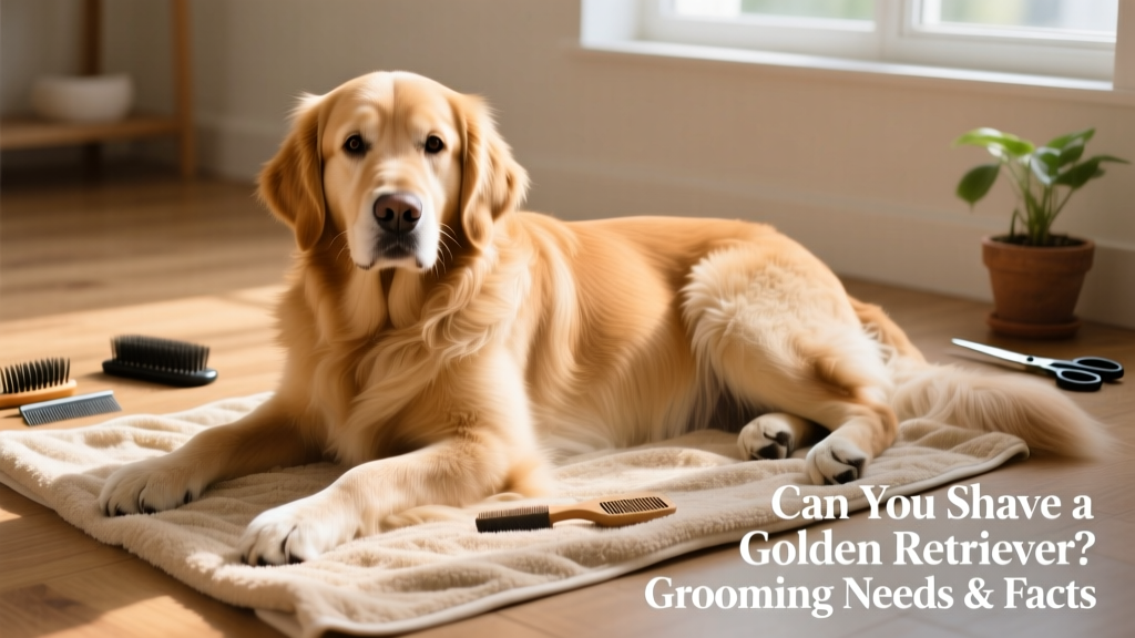 Golden Retriever lying on a towel post-grooming, looking relaxed with neatly trimmed legs and clean, shiny coat