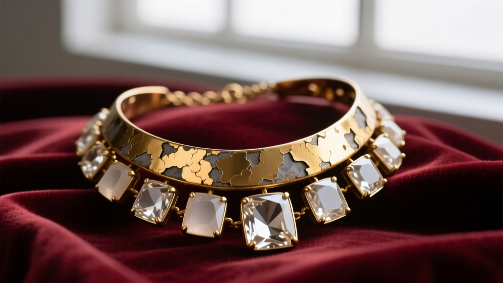 Macro photography of a tarnished brass-based costume necklace with peeling gold plating and cloudy cubic zirconia stones on velvet.
