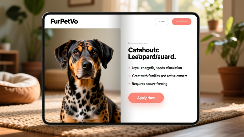Screenshot-style image showing a FurPetVo profile page with a Catahoula's photo, bio section, and 'Apply Now' button