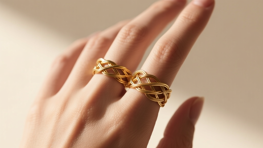 Hand displaying stacked 24-gauge gold-filled wire woven rings on the index and middle fingers, illuminated by soft natural sunlight