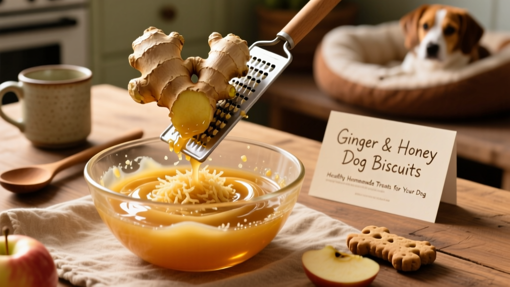Fresh ginger root being grated into a mixing bowl with honey and applesauce
