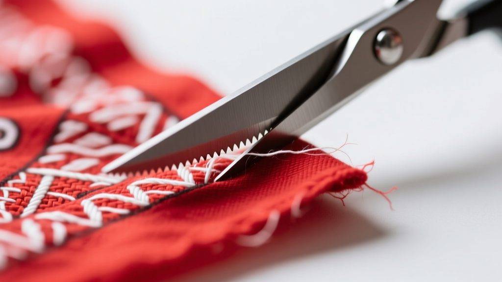 Macro shot of red and white cotton bandana fabric being cut with micro-serrated scissors, highlighting the woven thread texture.