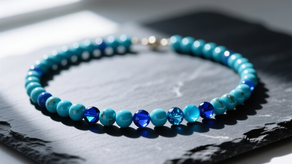 Close-up of a vibrant blue turquoise seed bead necklace laid flat on dark slate, illuminated by soft natural window lighting.